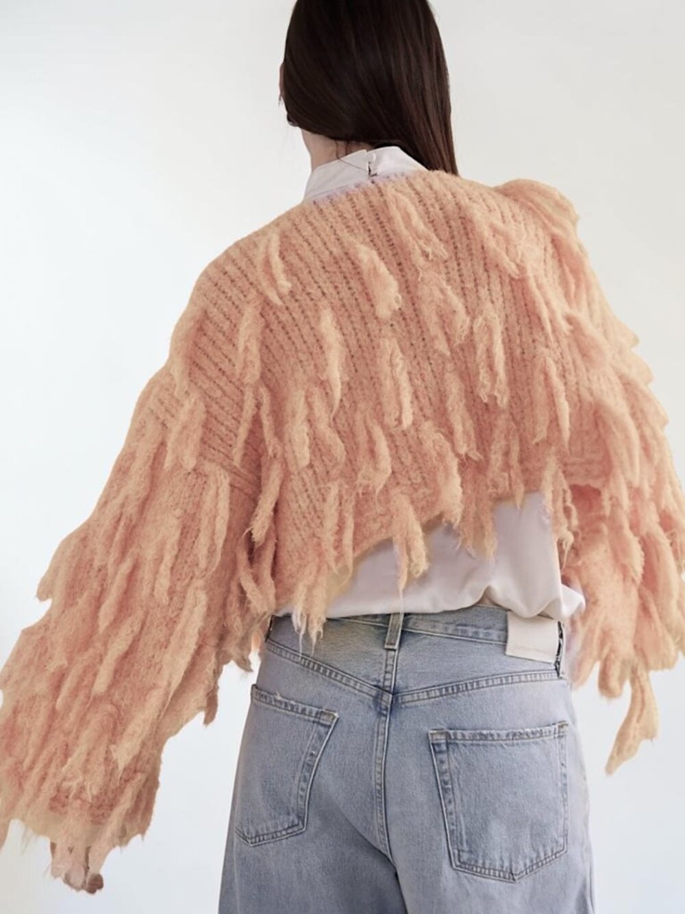 Anthropologie pink peach wool blend knit fringe shag boho fairy cardigan OS New